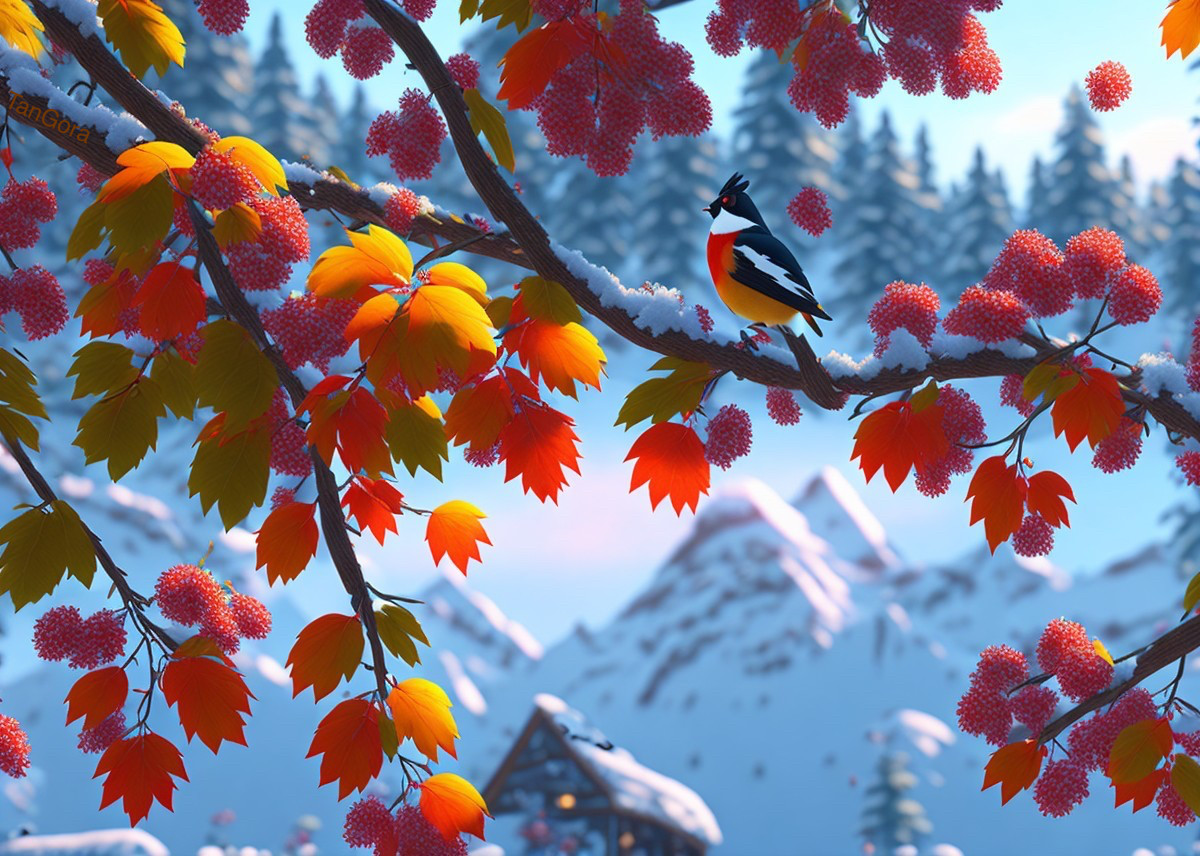 Bird on Branch Surrounded by Autumn Leaves and Snowy Mountains