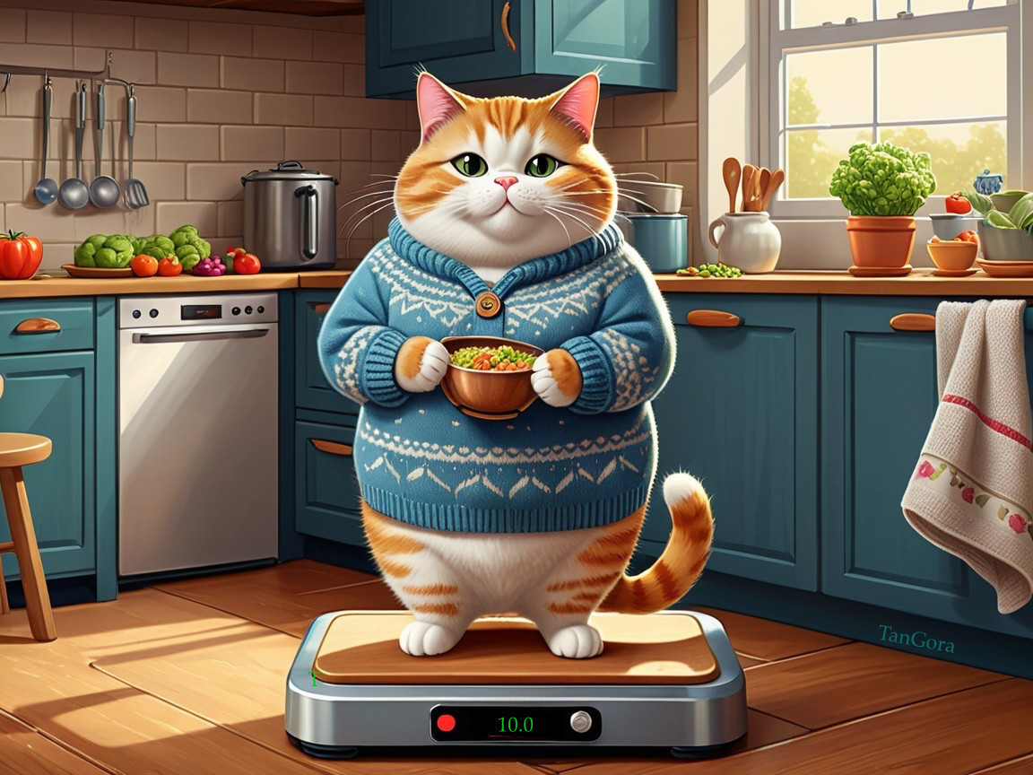 Chubby Cat in Sweater on Kitchen Scale with Salad