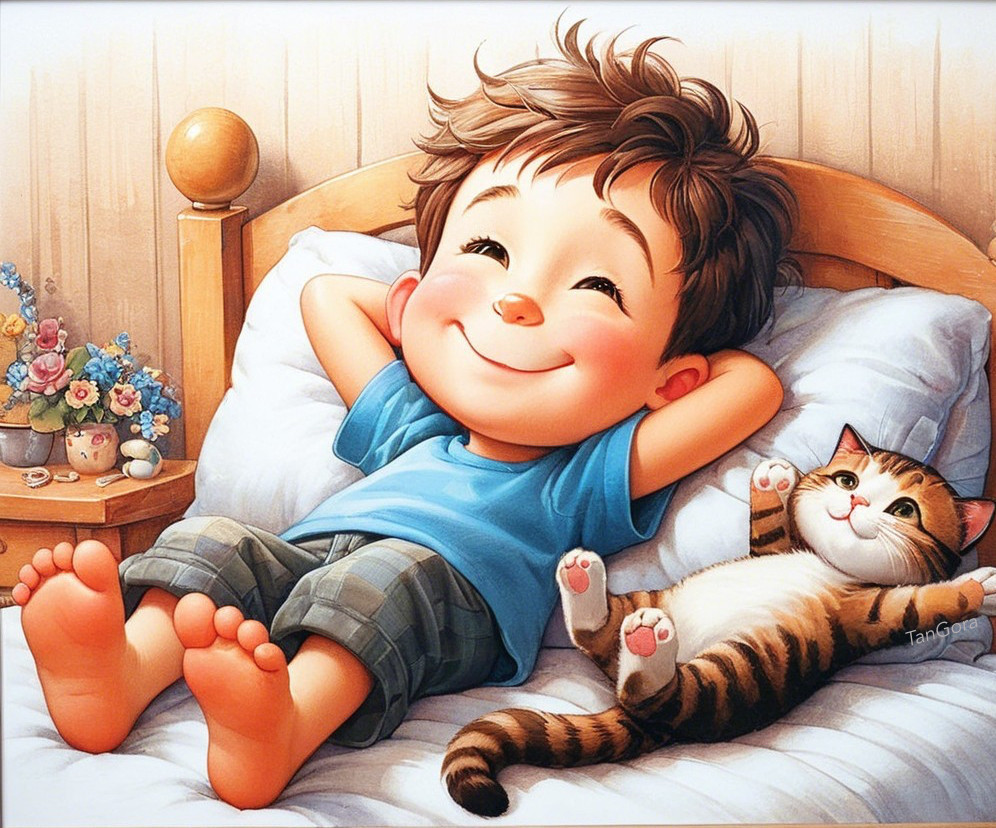 Cheerful boy and playful cat in cozy bedroom setting