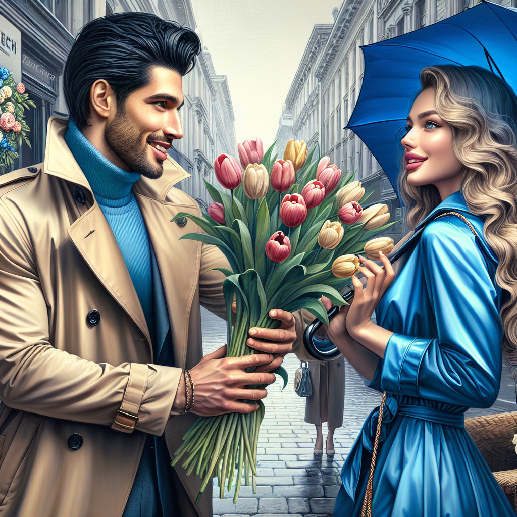 Stylish Man and Woman Share Moment with Tulips