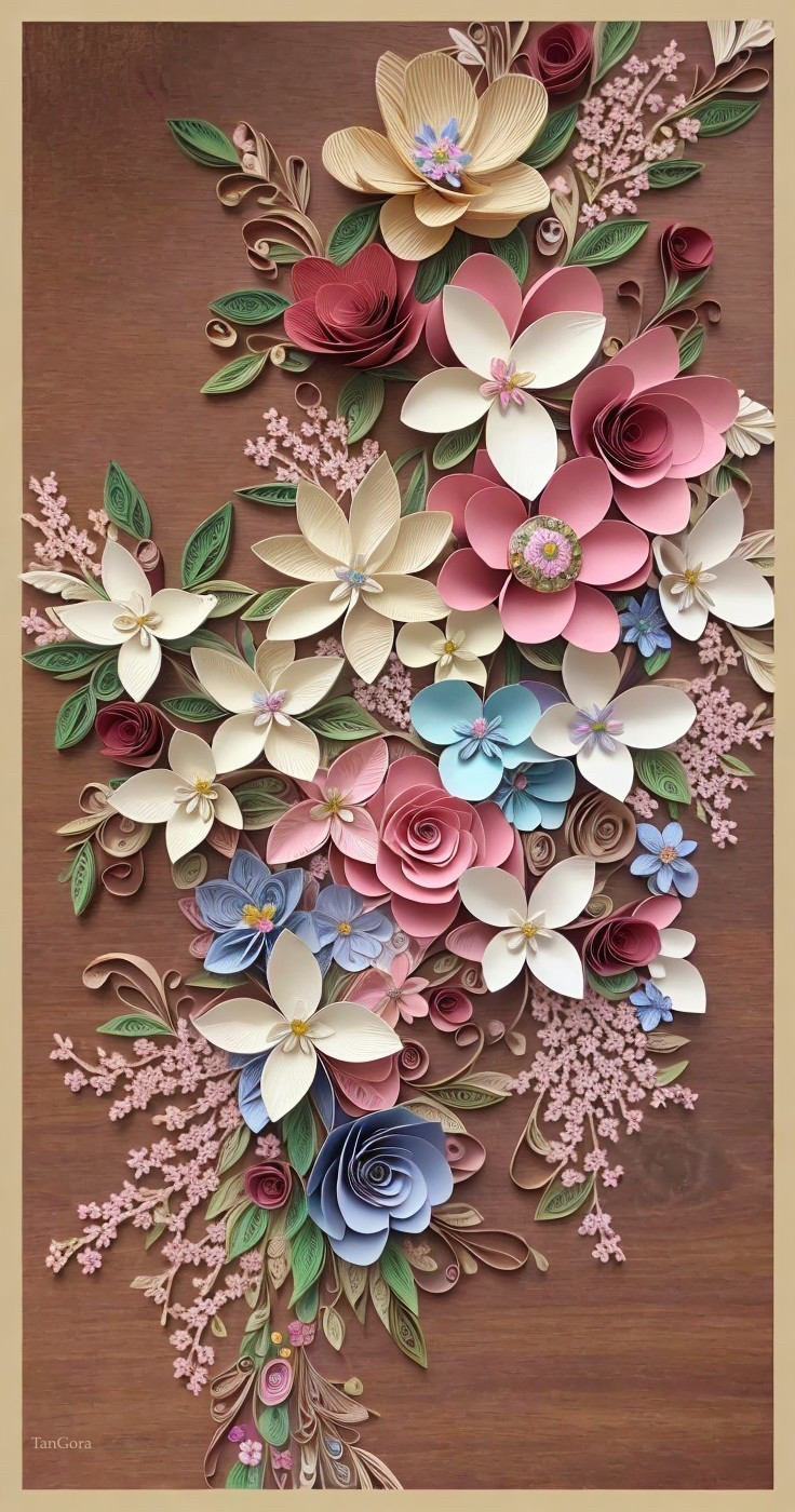 Intricate Paper Quilled Flowers on Wooden Background