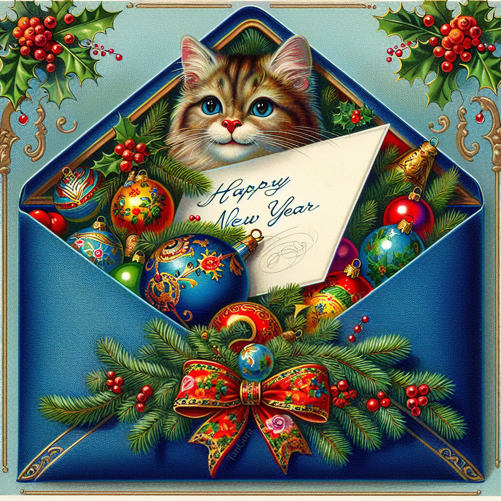 Intricate Illustration of Cat and Christmas Decorations