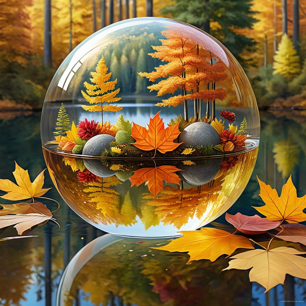 Glass Orb on Lake Reflecting Autumn Landscape