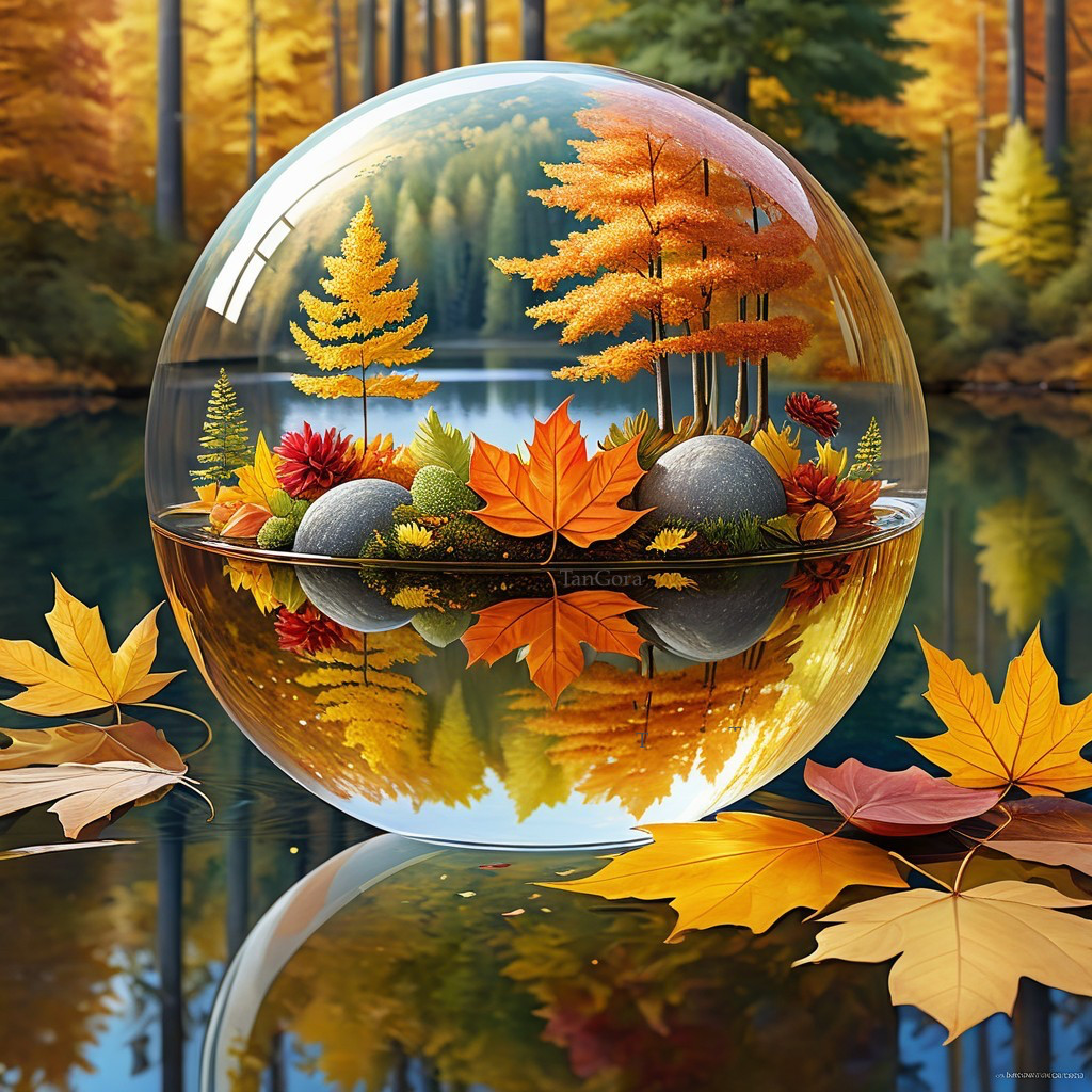 Glass Orb on Lake Reflecting Autumn Landscape