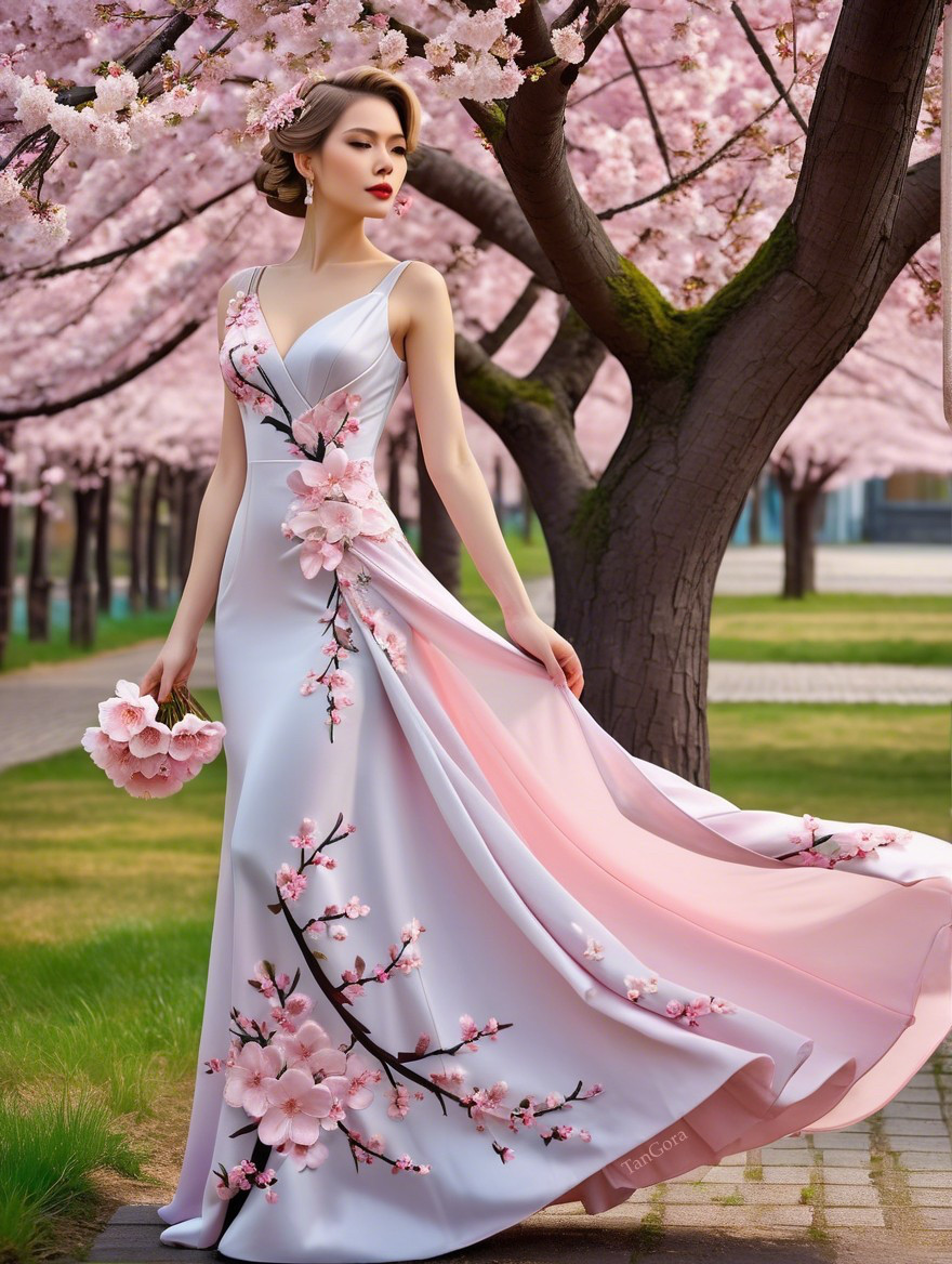 Woman in Floral Gown Among Cherry Blossom Grove