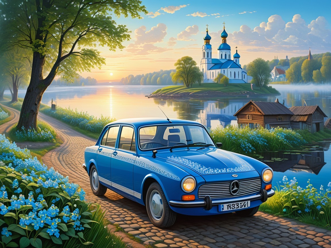 Vintage Blue Car by Serene River with Church Reflection