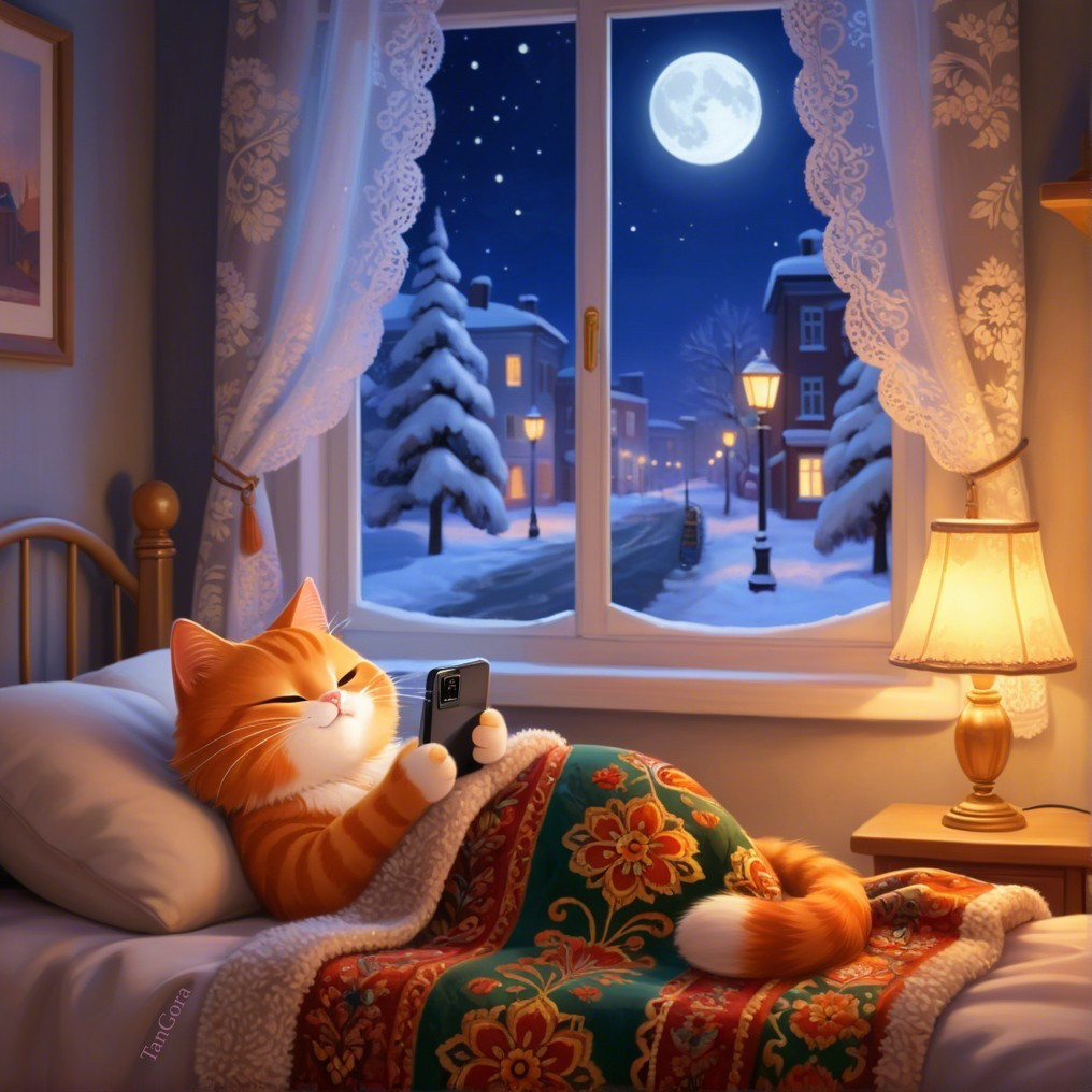 Cozy Bedroom Scene with Cat and Winter Night View