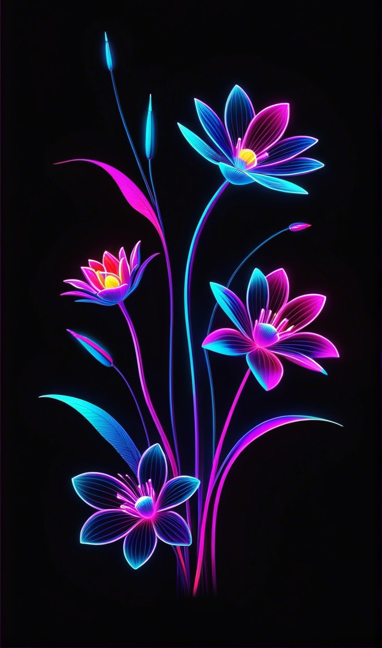 Colorful Digital Illustration of Neon Flowers on Black