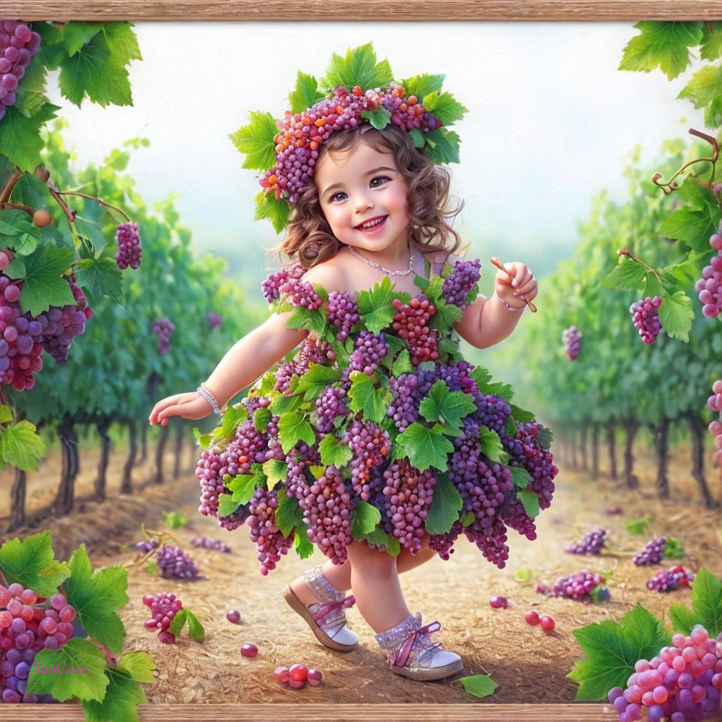 Girl dancing in a vineyard with grape-themed dress