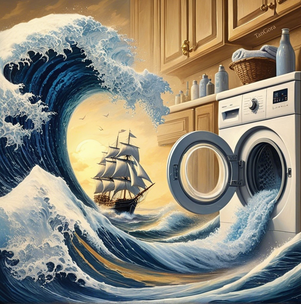 Surreal Scene of Washing Machine and Ocean Wave