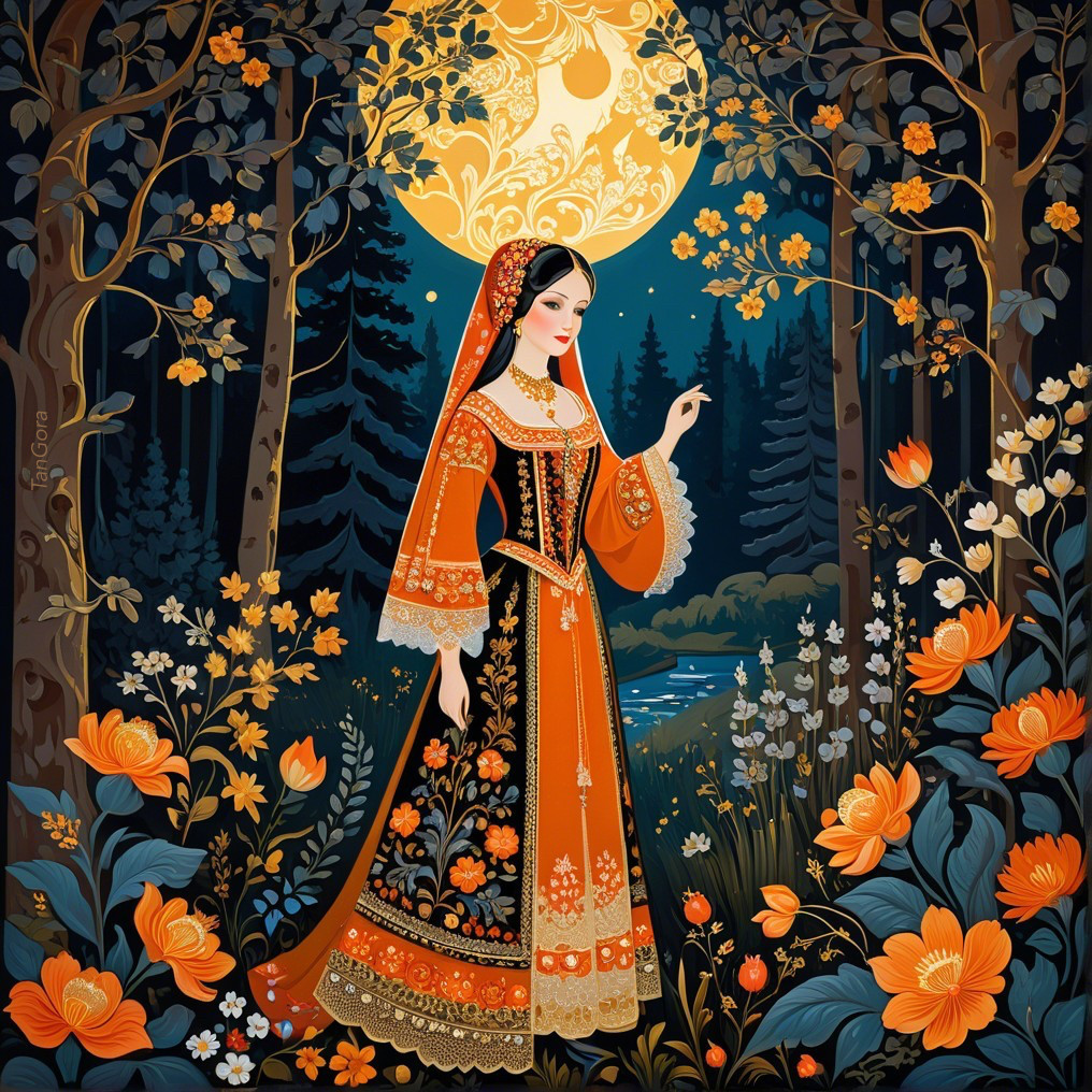 Serene Woman in Ornate Gown in Vibrant Forest