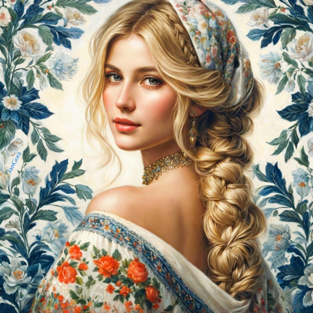 Young Woman with Braided Blonde Hair and Floral Shawl