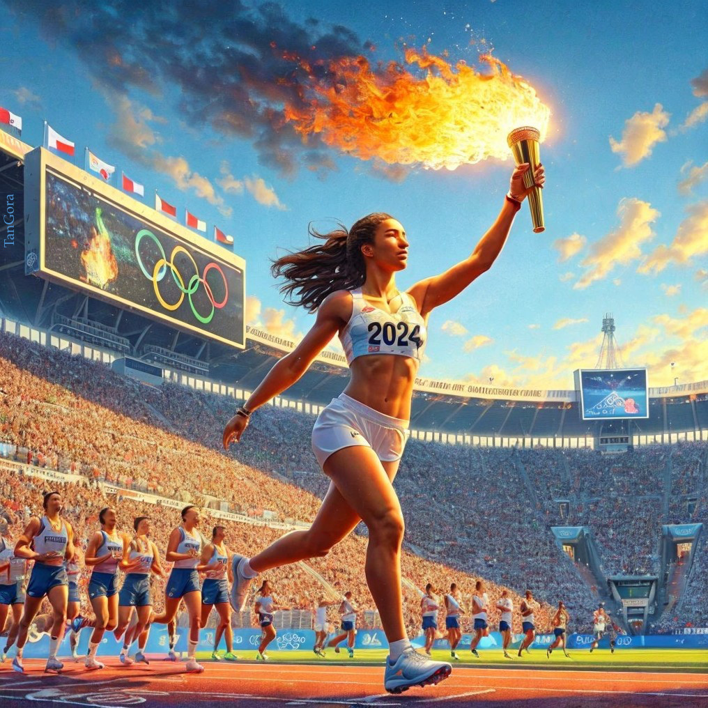 Female Athlete with Olympic Torch at 2024 Track Event
