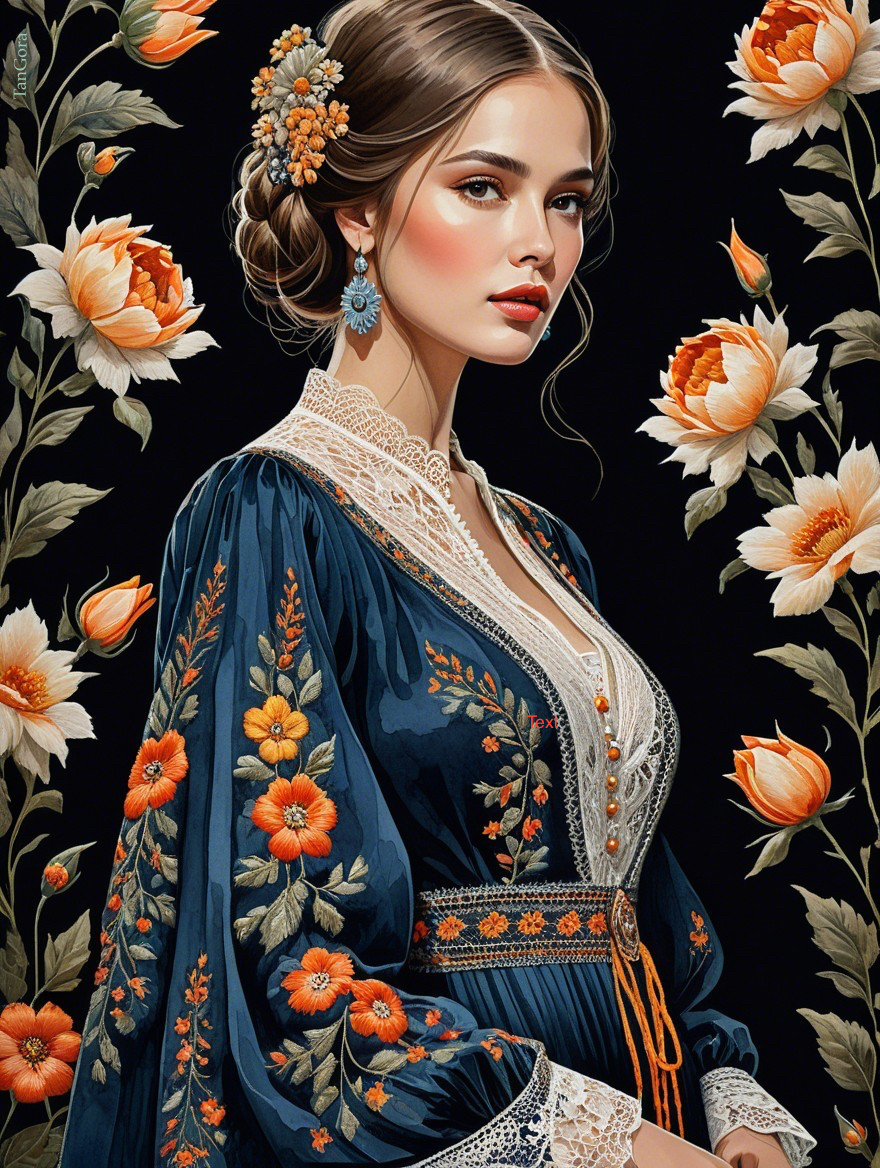Young Woman in Embroidered Blue Dress with Floral Backdrop