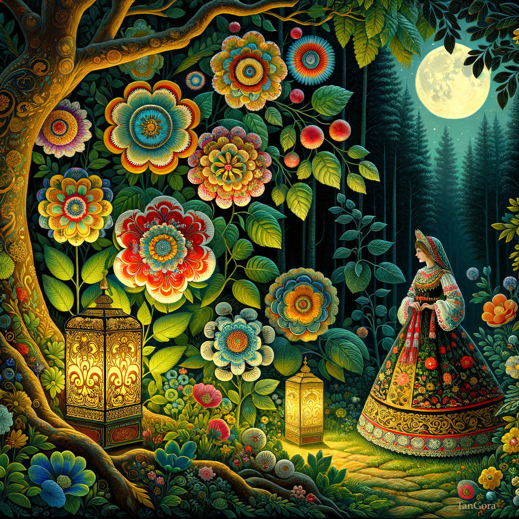 Enchanted Forest Scene with Woman and Colorful Flowers