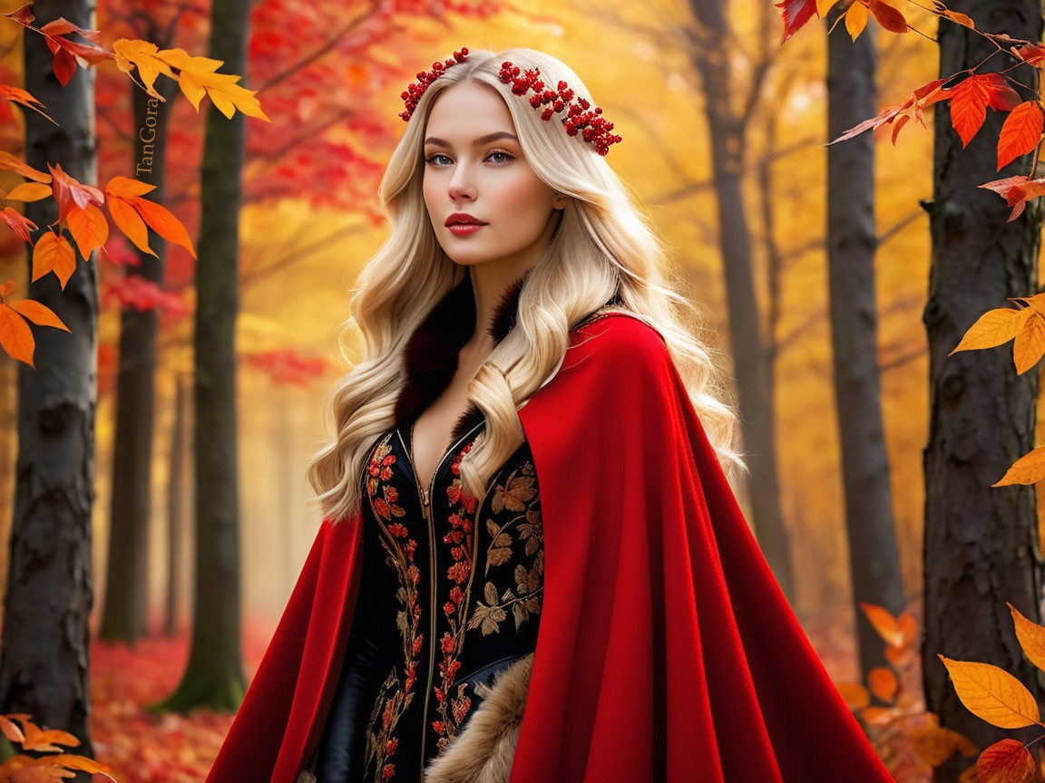Young woman in red cape in vibrant autumn forest