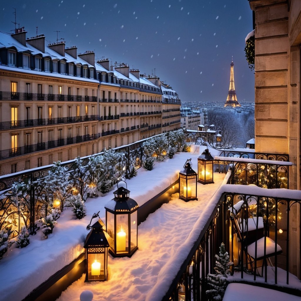 Snowy Parisian Balcony with Lanterns and Eiffel Tower