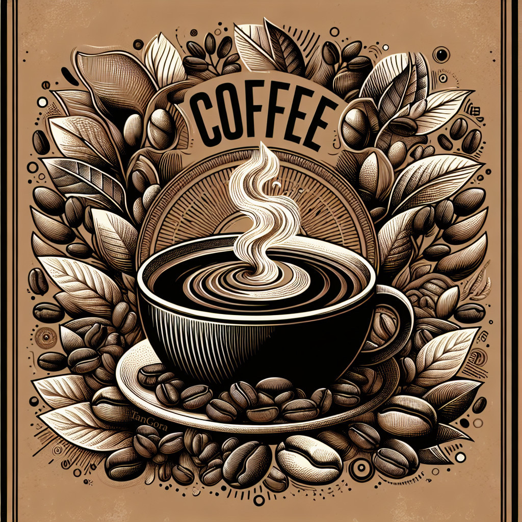 Stylized Coffee Cup Surrounded by Beans and Leaves