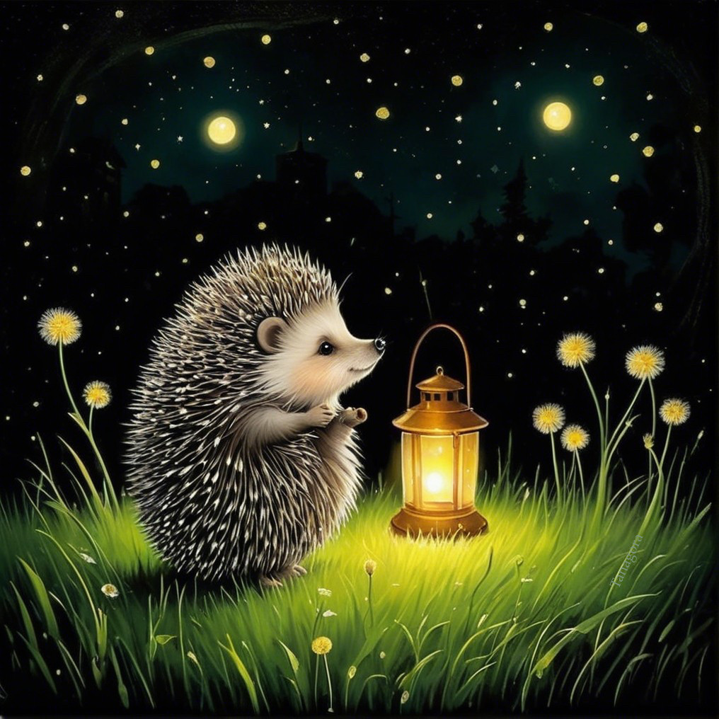 Whimsical Hedgehog in a Lush Green Meadow at Night