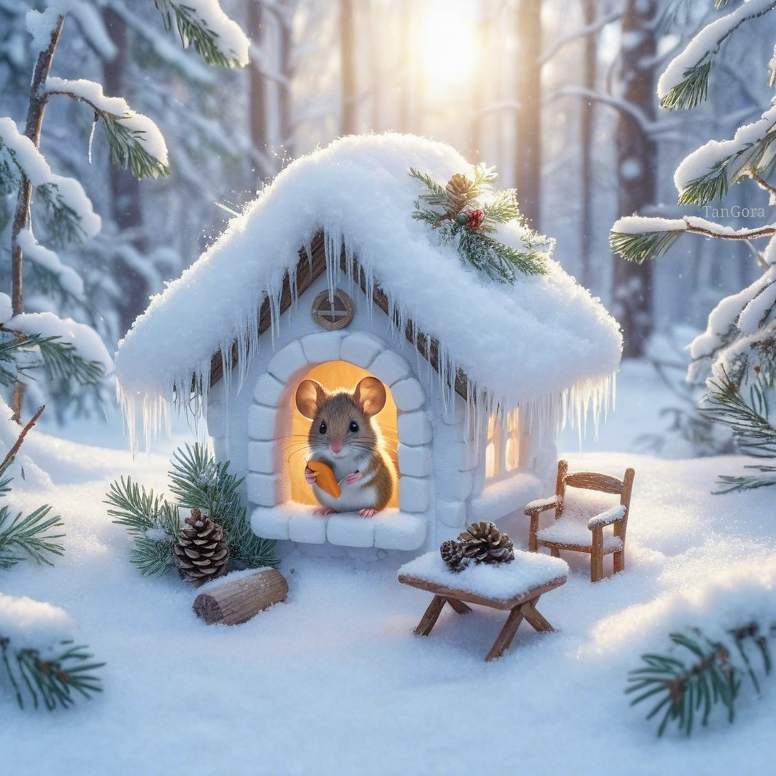 Winter Wonderland with Cozy House and Adorable Mouse