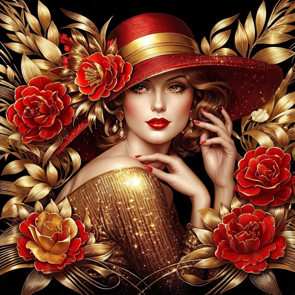 Elegant Woman in Red Hat and Gold Dress Artwork