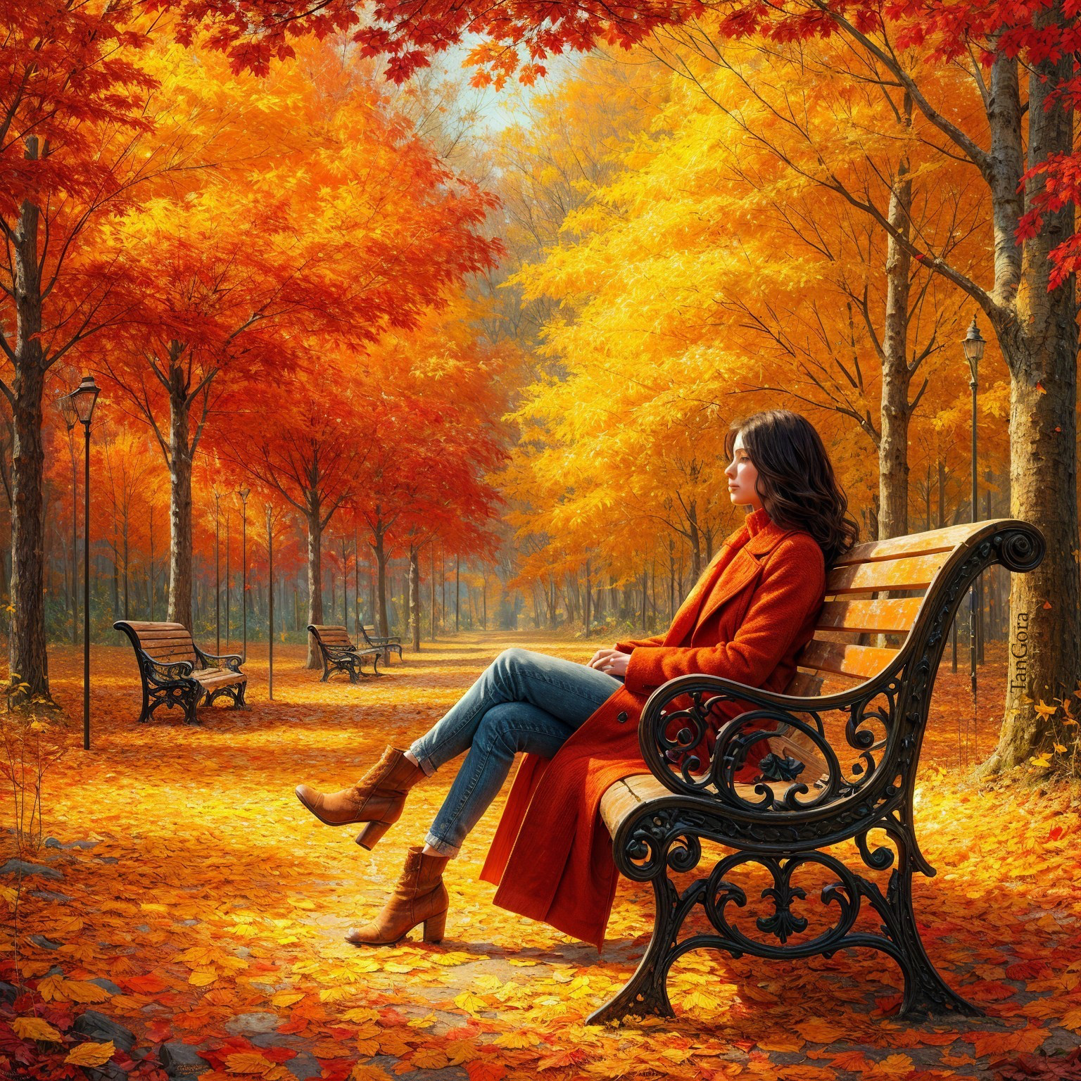 Autumn Scene with Woman on Bench in Colorful Park