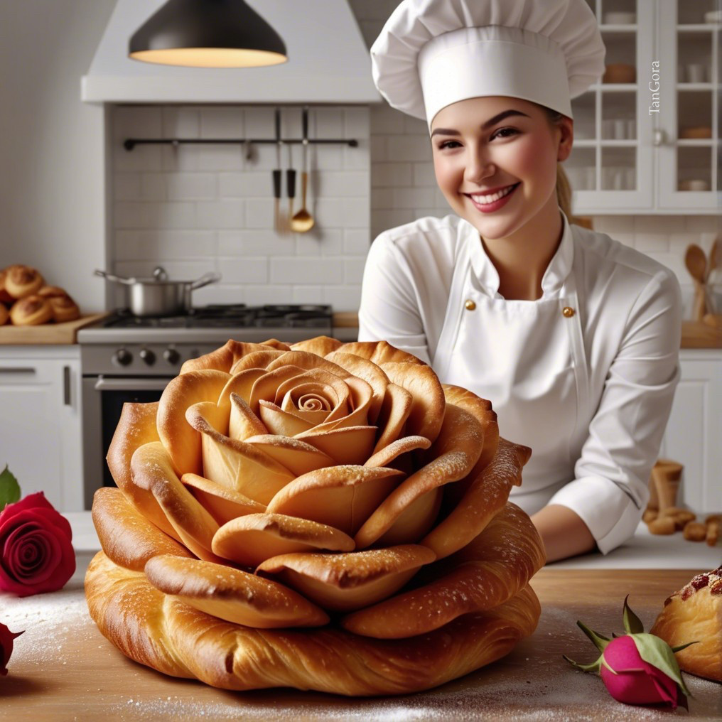 Baker with Intricate Bread Rose Sculpture in Kitchen