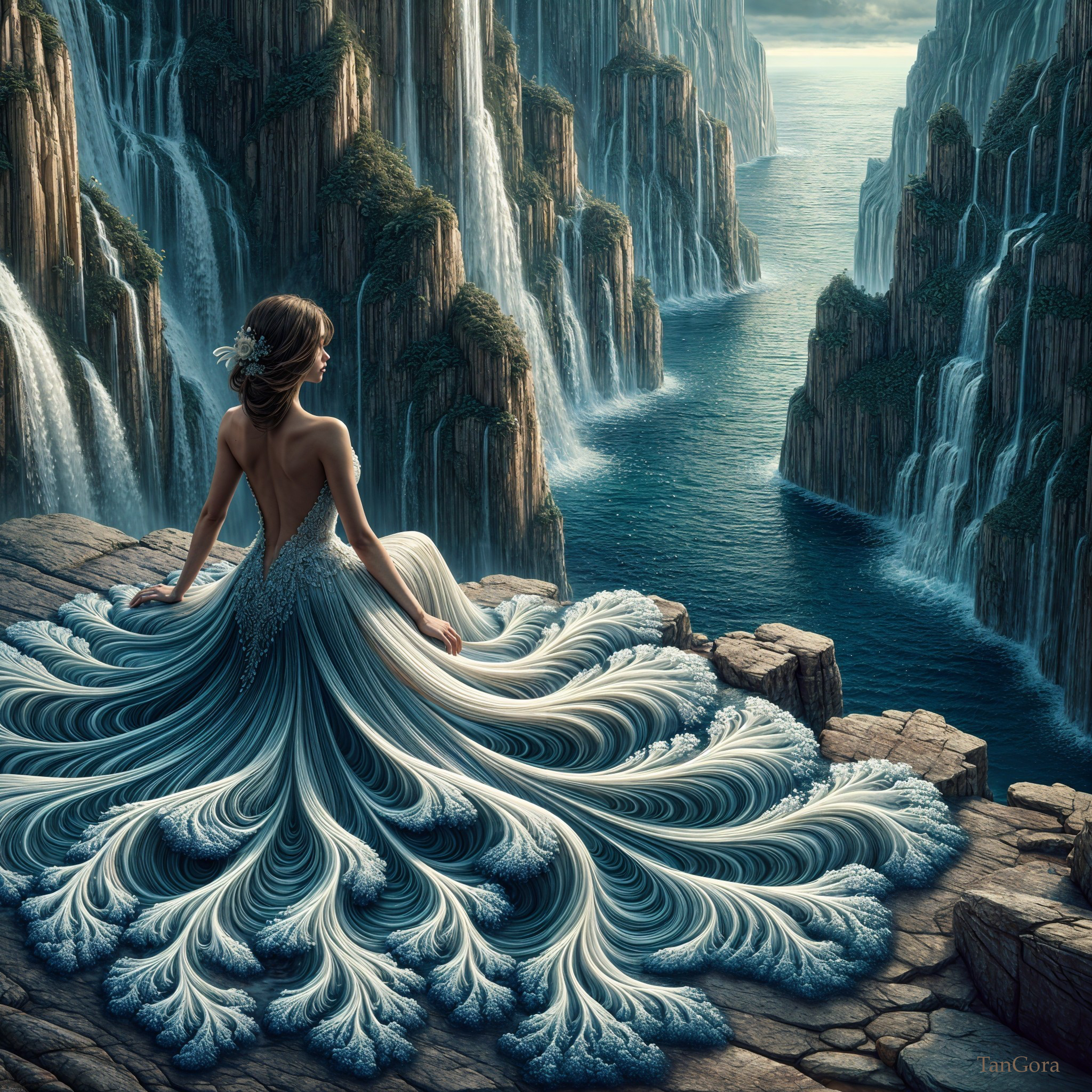 Serene Figure on Rocky Ledge with Waterfall Landscape