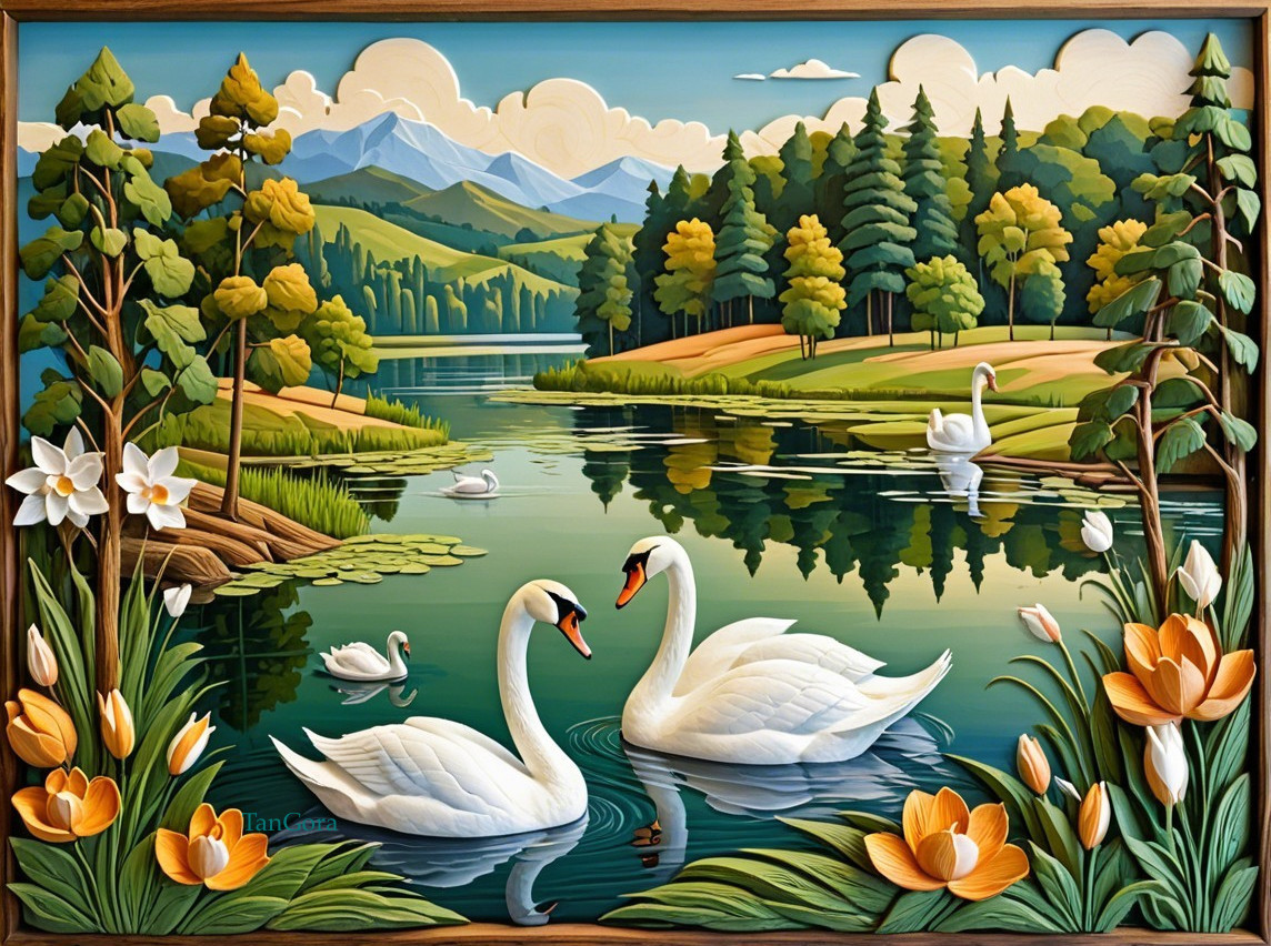 Serene Landscape with Swans on a Calm Lake