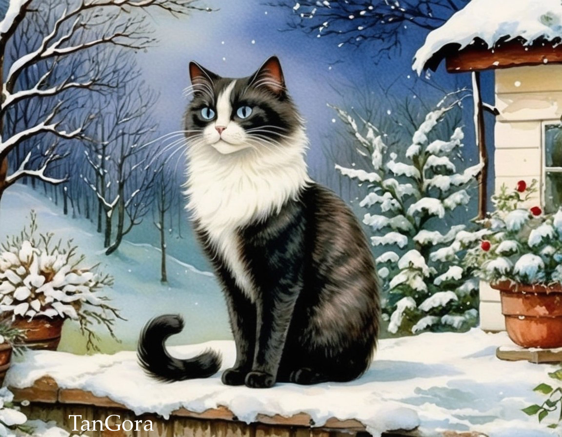 Black and white cat in snowy landscape with cottage