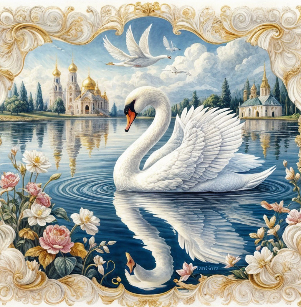 Majestic Swan on Tranquil Lake with Scenic Landscape