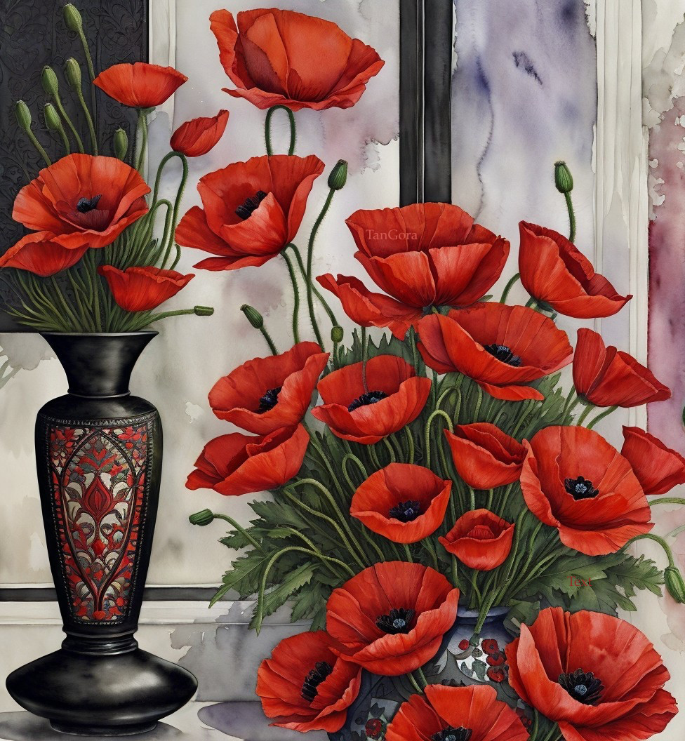 Vibrant Watercolor Painting of Red Poppies in Vase