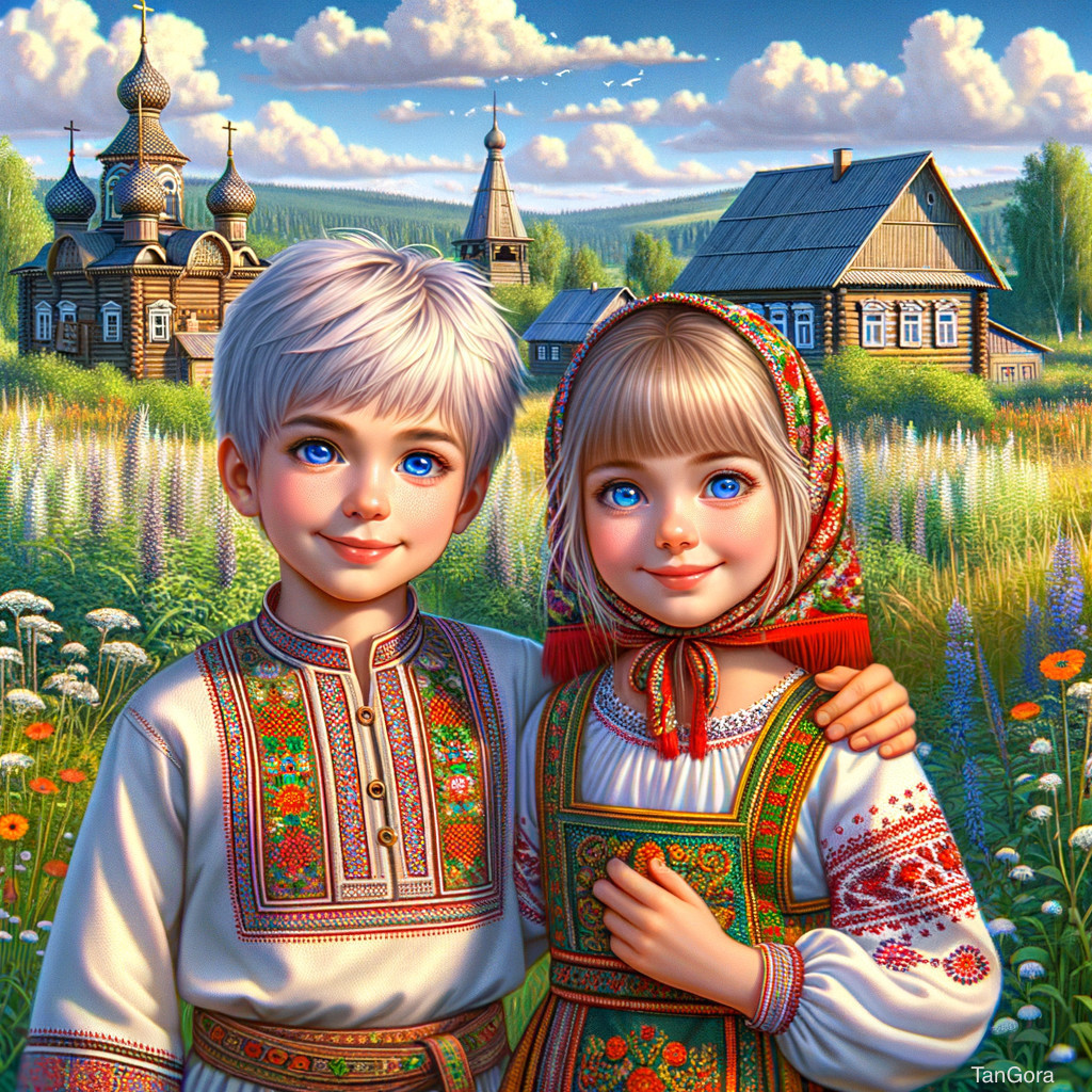 Children in Traditional Attire in a Flower Field