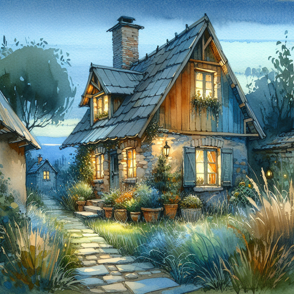 Charming Cottage Surrounded by Lush Greenery and Lights