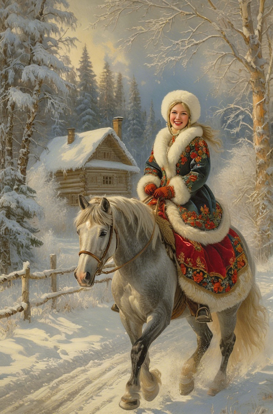 Blonde Woman in Blue Winter Coat Riding Grey Horse
