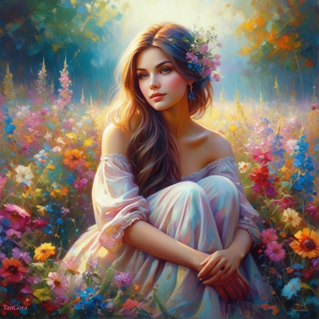 Young woman in vibrant meadow with wildflowers