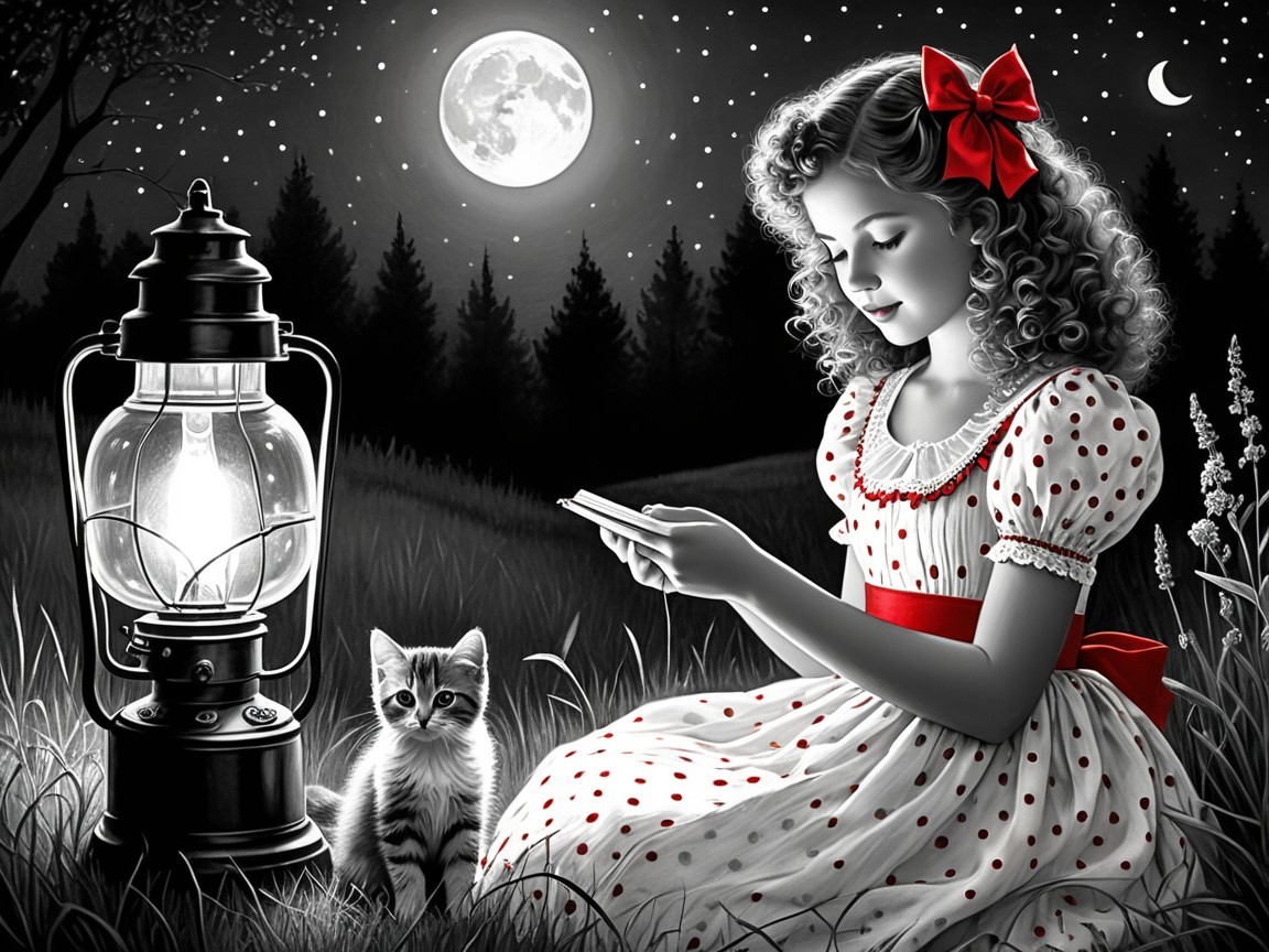 Young girl reading in a moonlit landscape with kitten