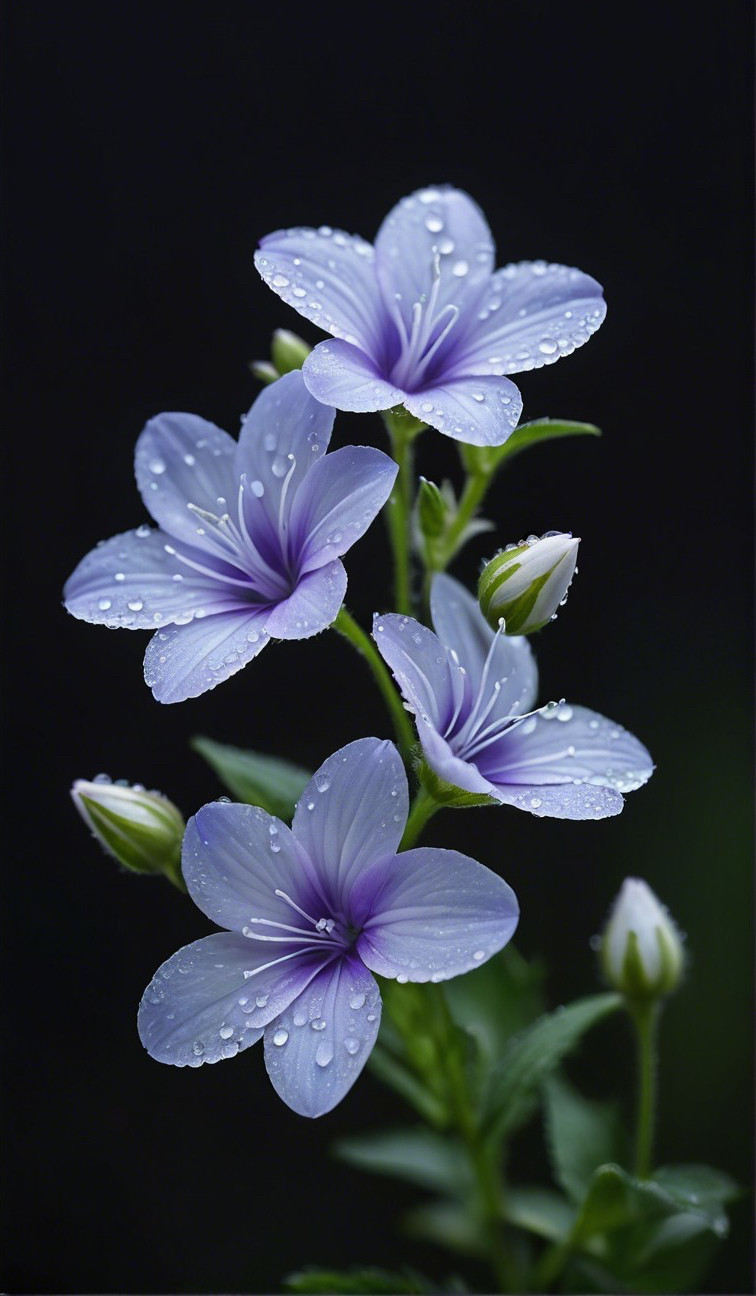 Light Purple Flowers with Water Droplets on Dark Background