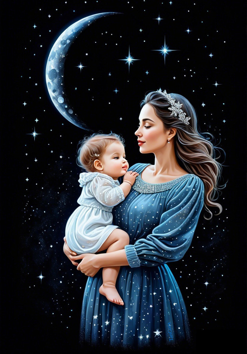 Woman in Blue Dress Cradling Baby Under Starry Sky