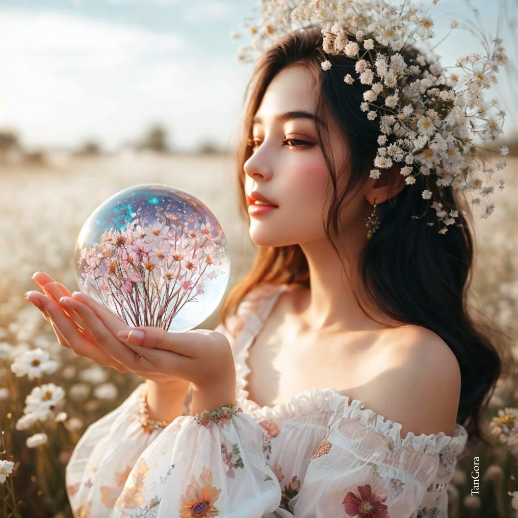 Young Woman with Crystal Orb in Flower Field