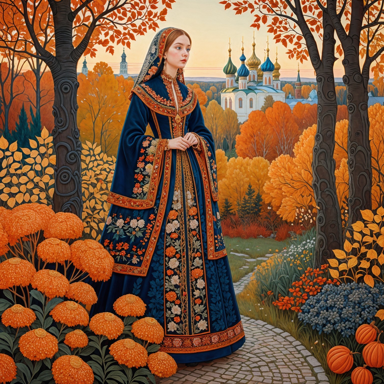Young Woman in Traditional Dress Amidst Autumn Foliage
