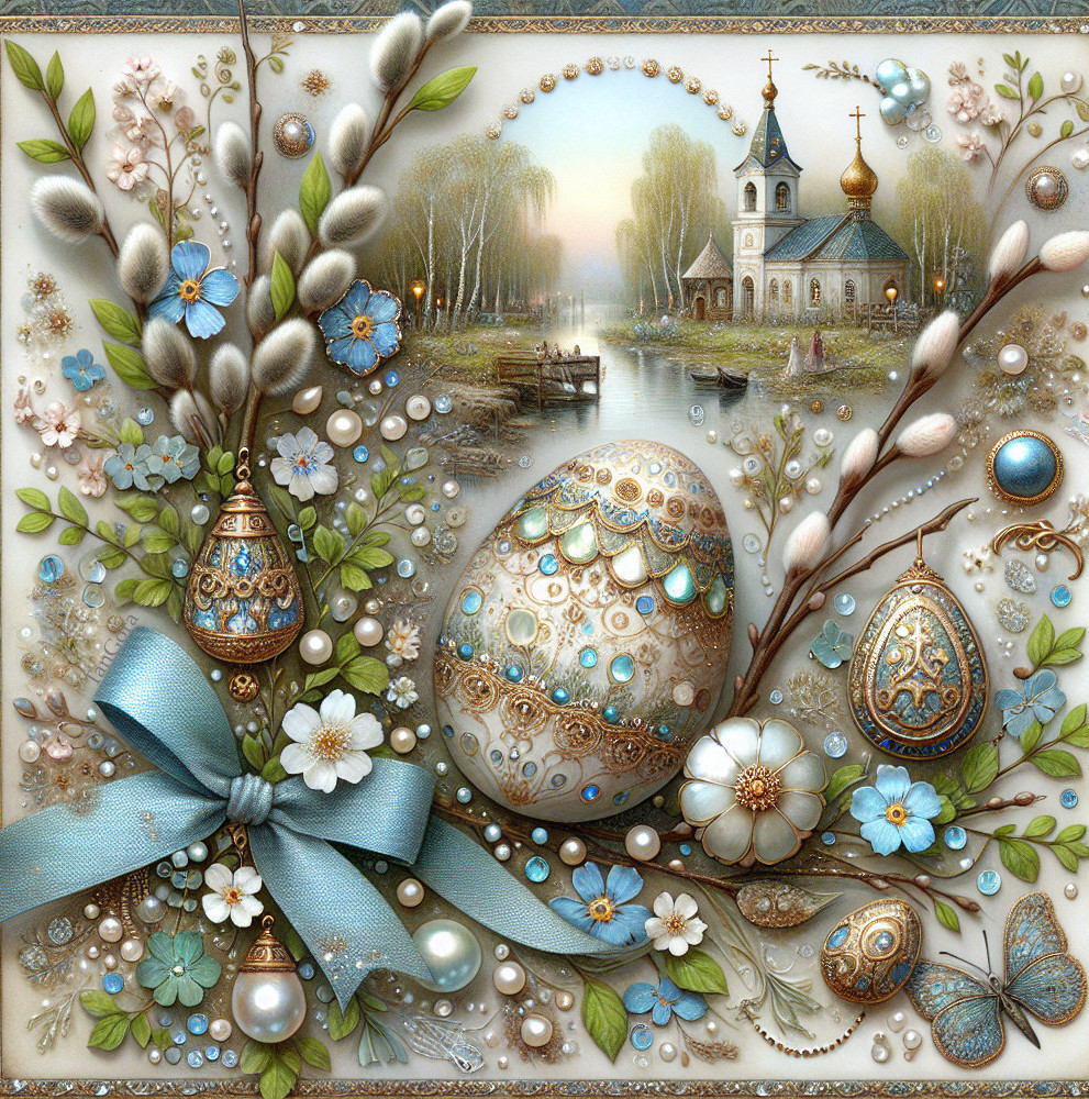 Easter Egg Surrounded by Flowers and Serene River Scene