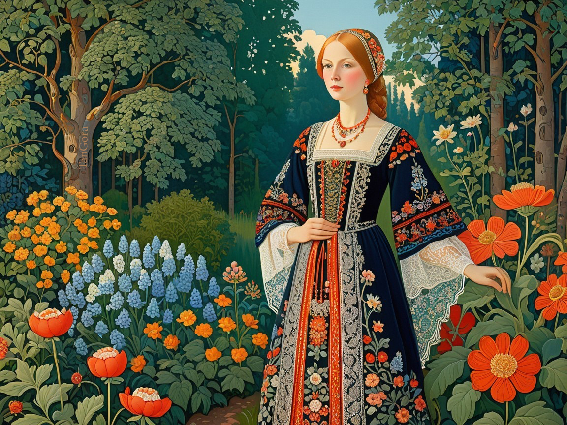 Woman in Traditional Dress in a Vibrant Garden