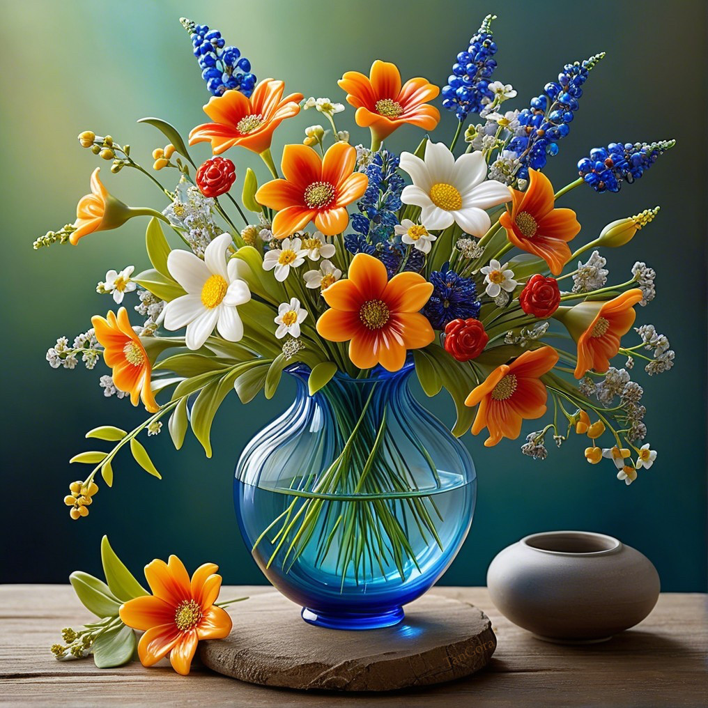 Colorful Flower Bouquet in Blue Glass Vase