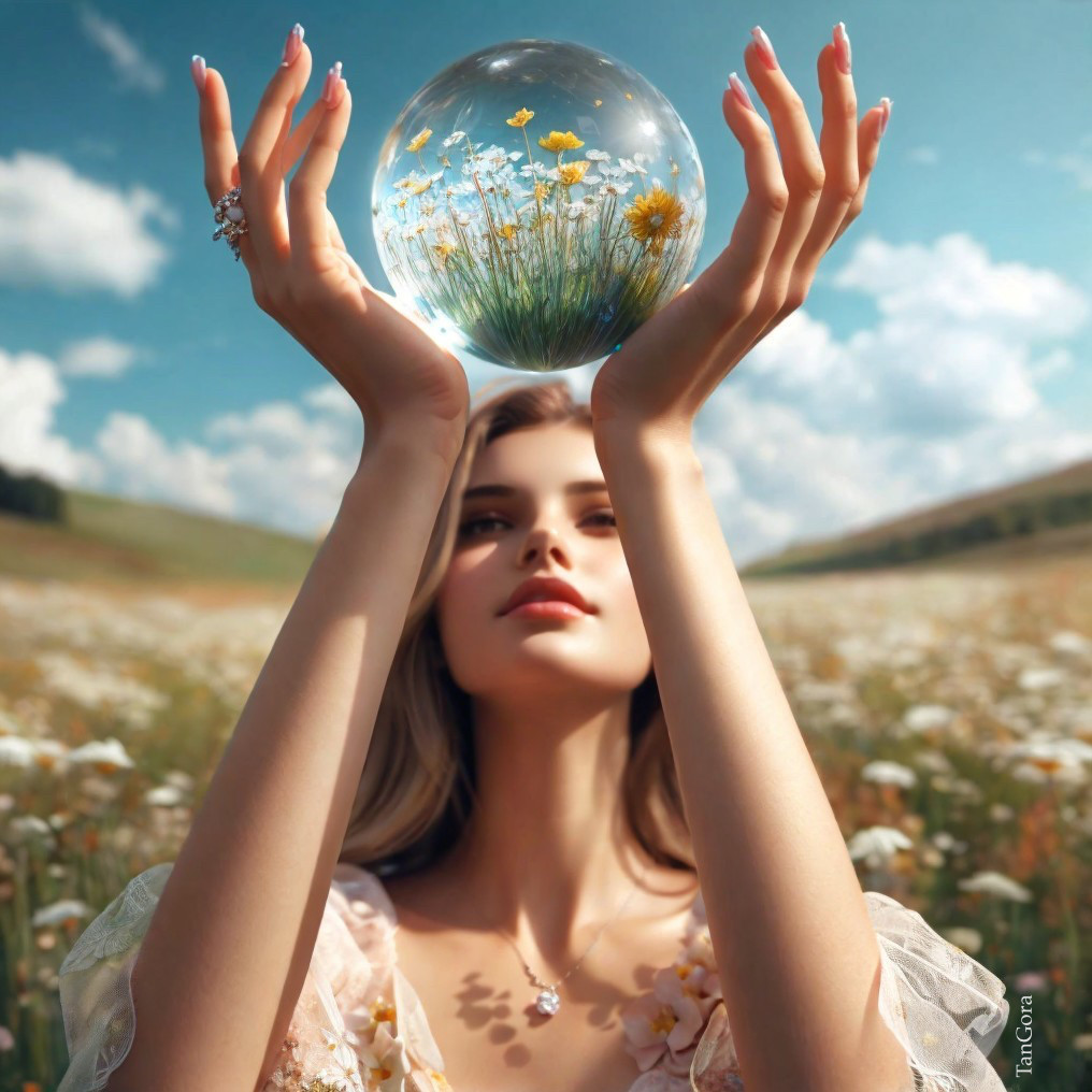 Woman in a sunlit field with a crystal ball and flowers