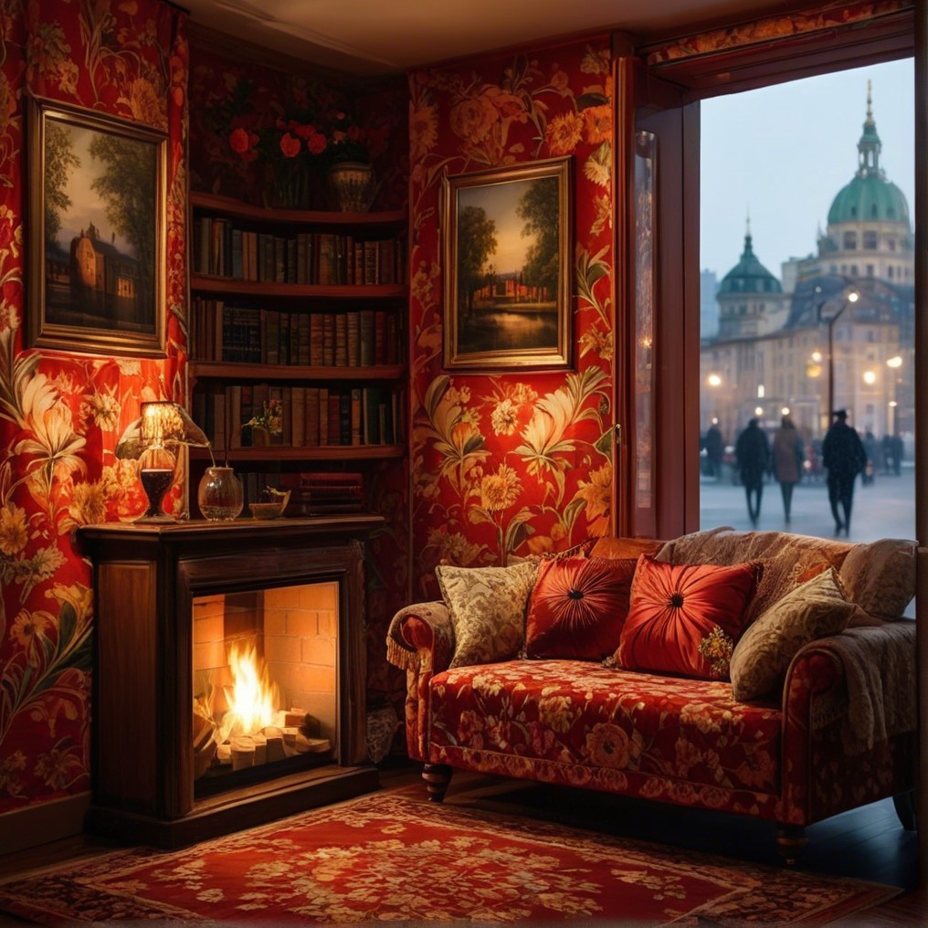 Cozy Living Room with Warm Light and Floral Sofa
