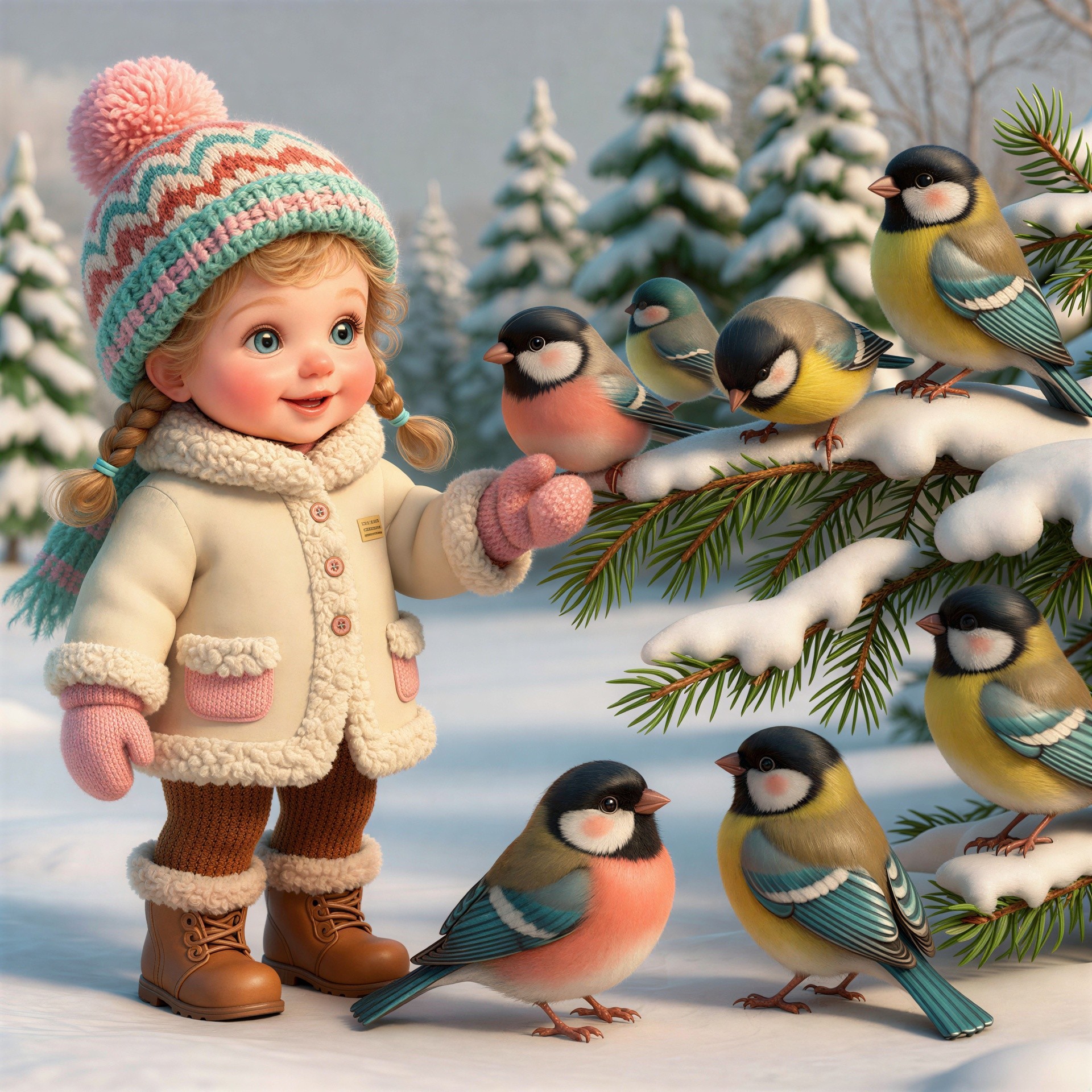 Festive Digital Painting of a Girl in Snow with Birds