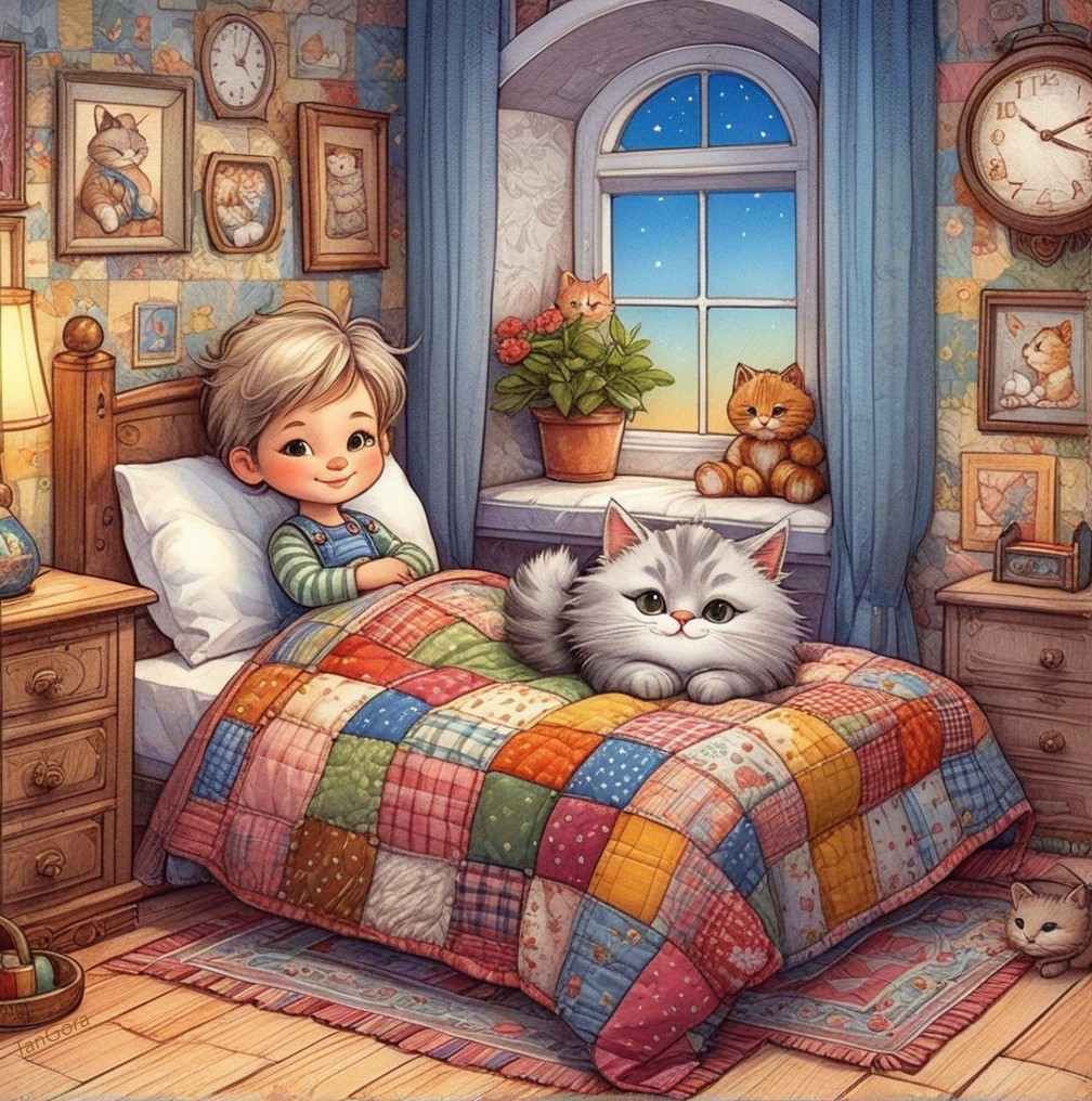 Cozy Bedroom Scene with Child and Fluffy Cat