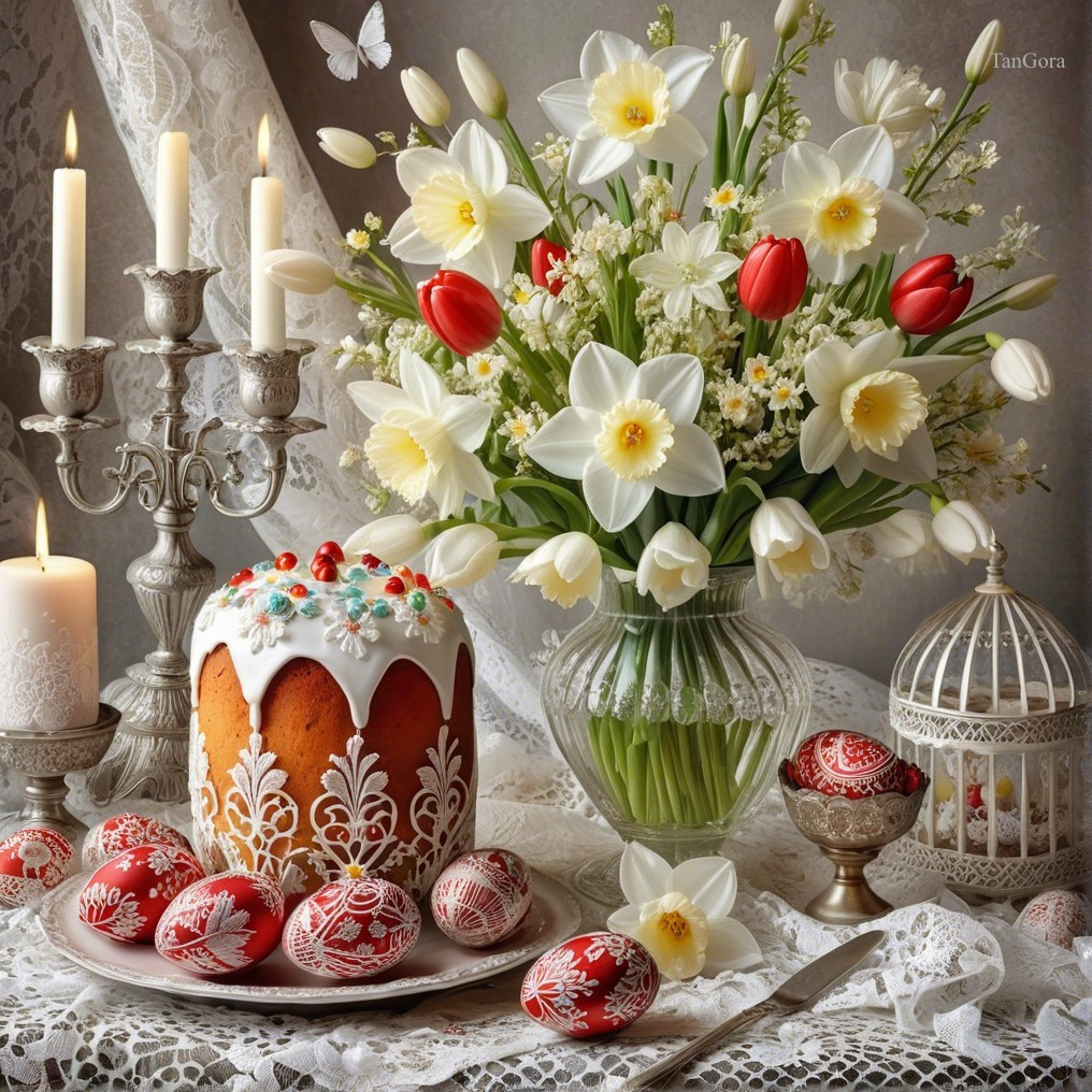 Spring Table Scene with Cake, Flowers, and Decor