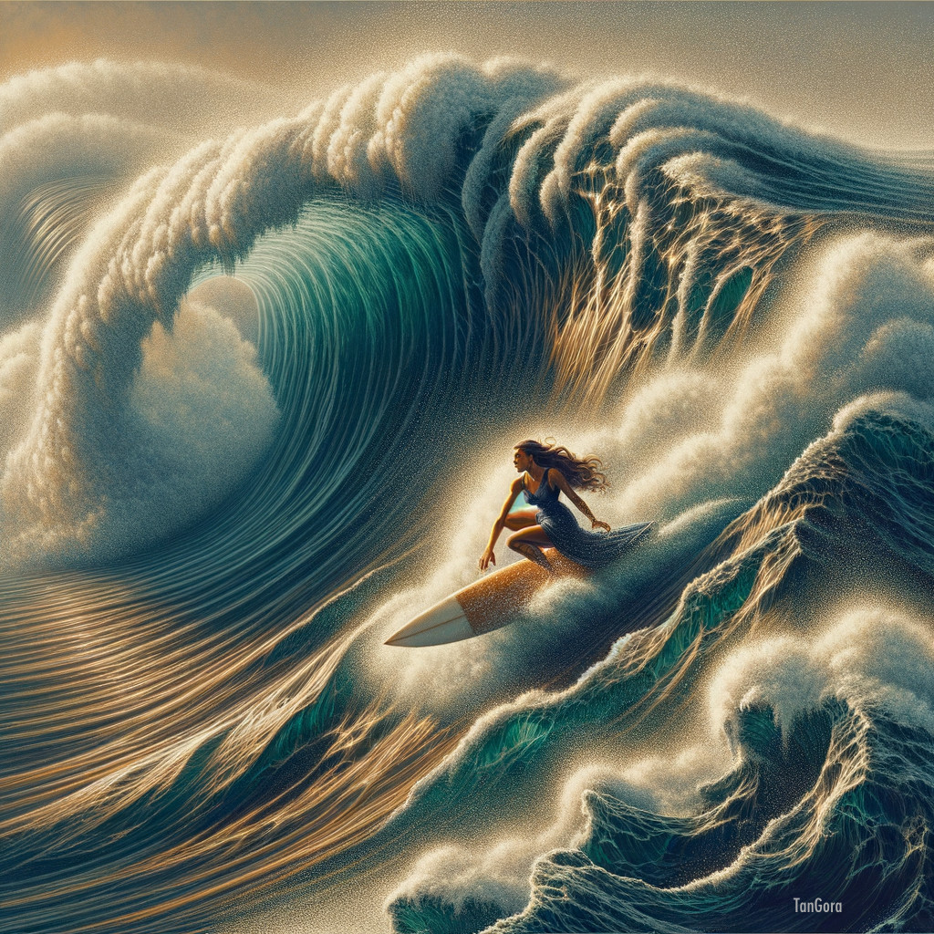 Surfer Riding a Massive Wave in Sunlit Ocean Scene